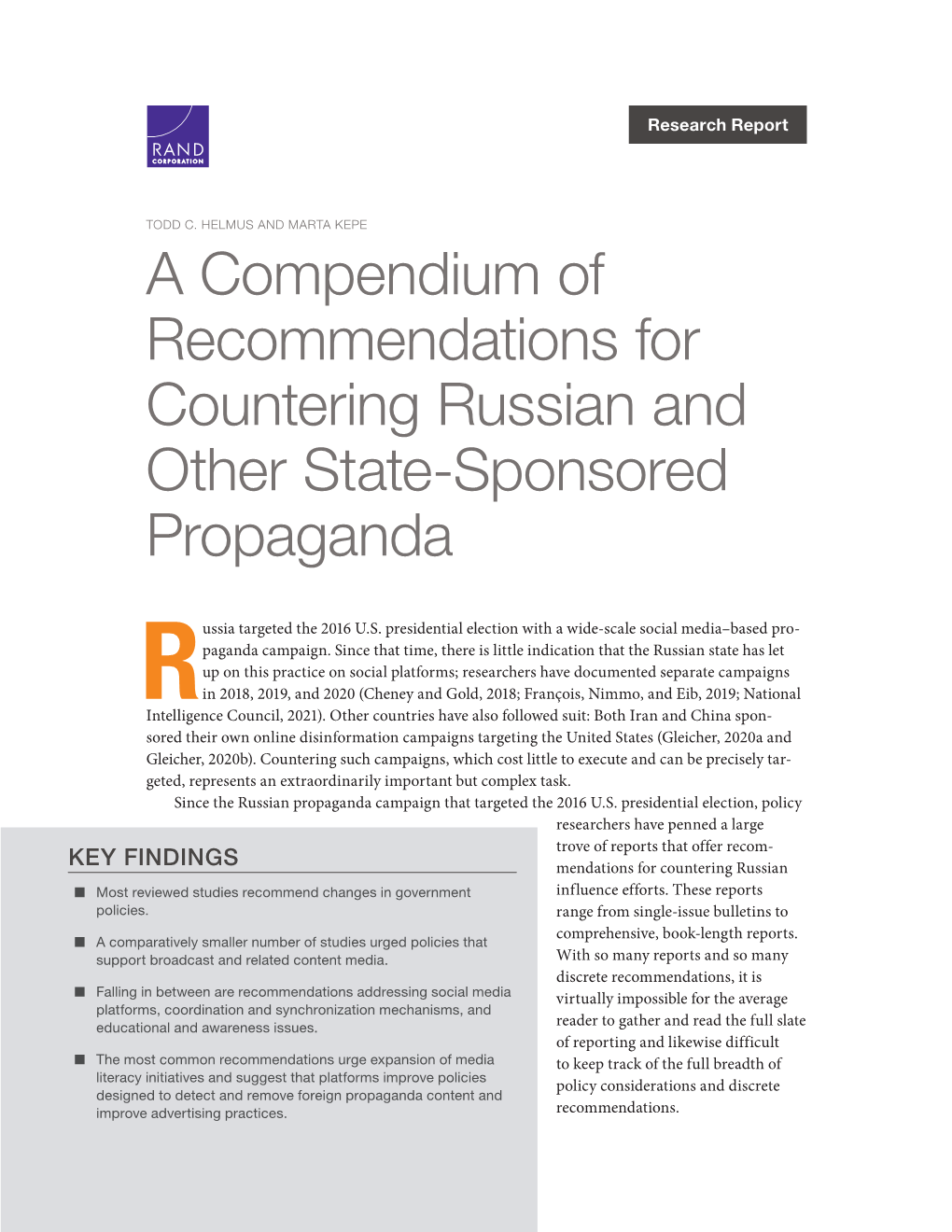 A Compendium of Recommendations for Countering Russian and Other State-Sponsored Propaganda