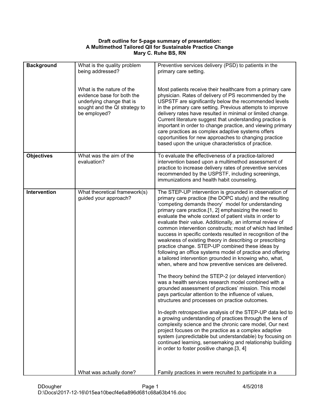 Outline for 5-Page Summary of Presentations