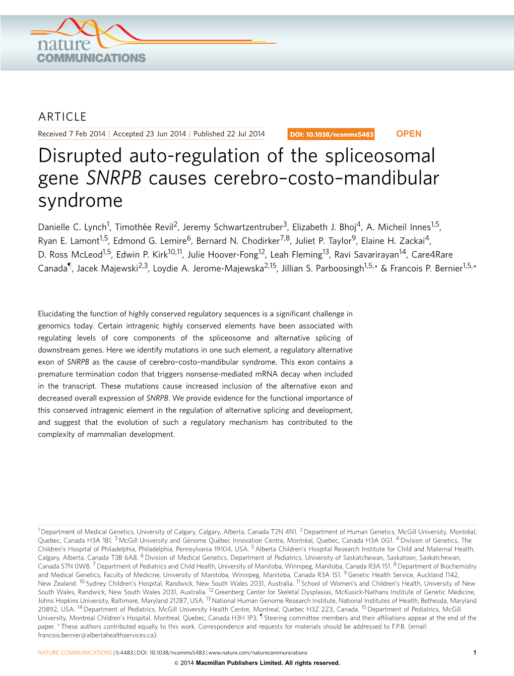 Disrupted Auto-Regulation of the Spliceosomal Gene SNRPB Causes Cerebro–Costo–Mandibular Syndrome