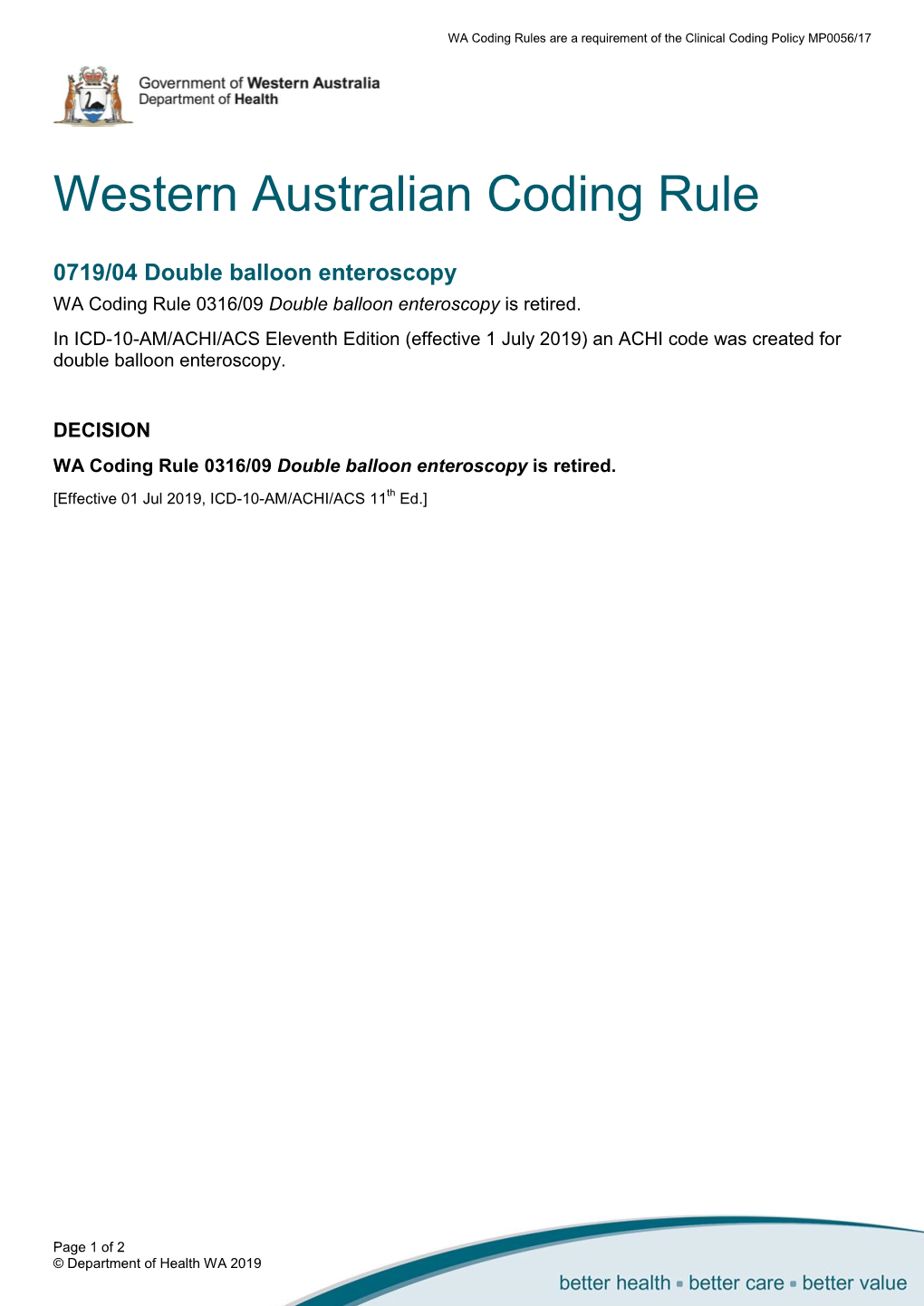 WA Coding Rule 0719/04 Double Balloon Enteroscopy