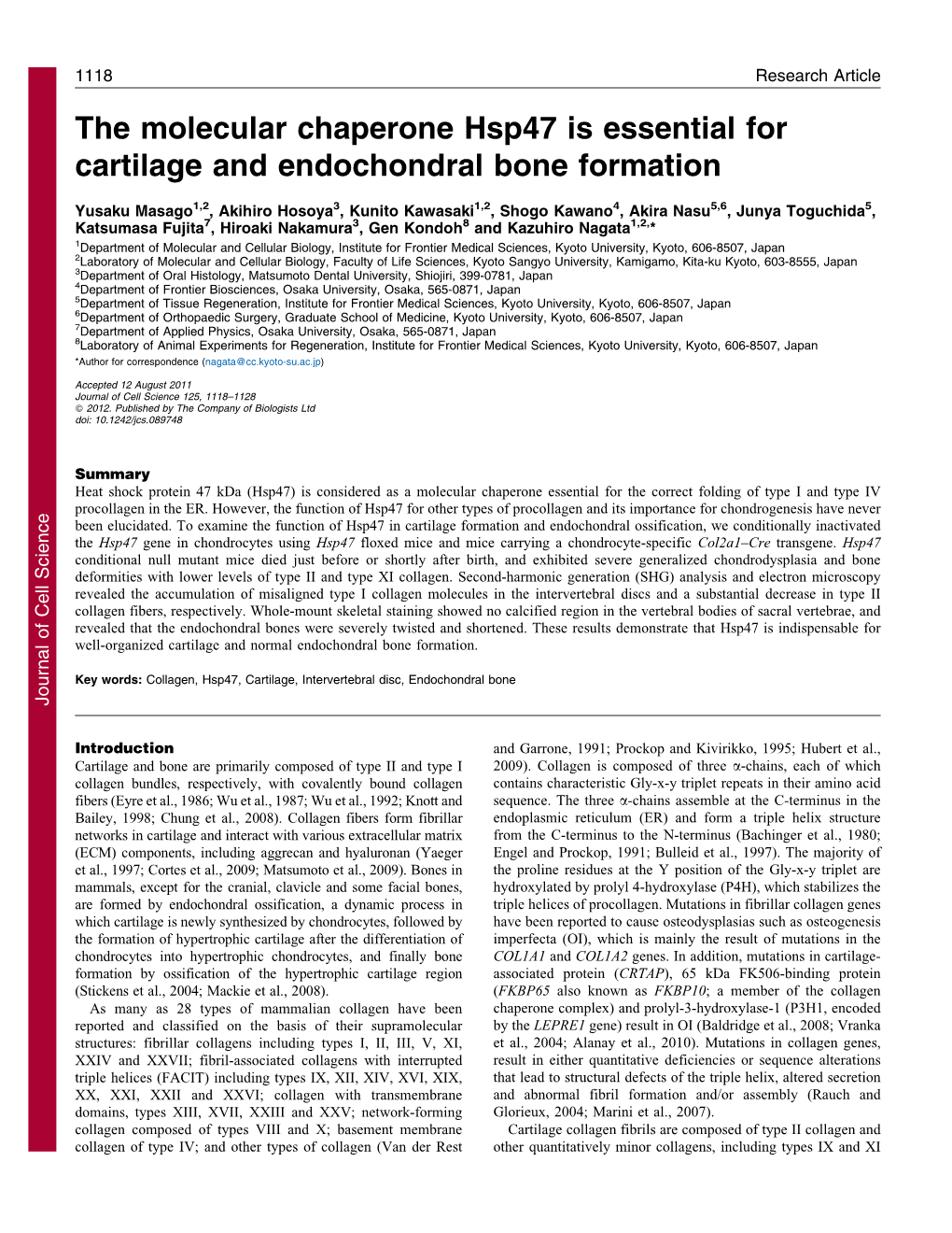 The Molecular Chaperone Hsp47 Is Essential for Cartilage and Endochondral Bone Formation