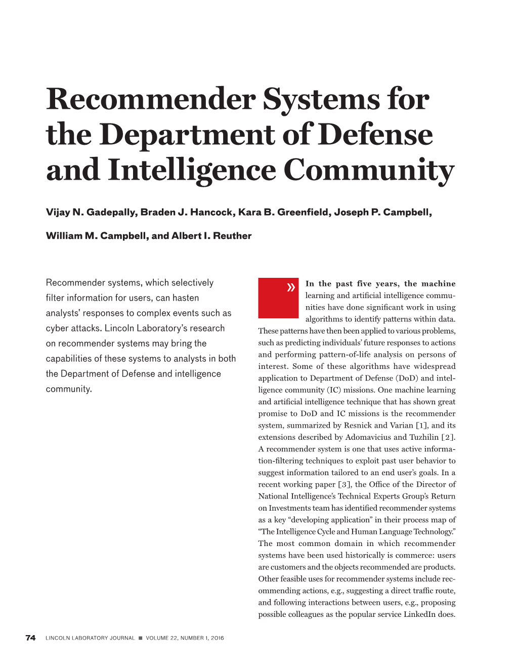 Recommender Systems for the Department of Defense and Intelligence Community