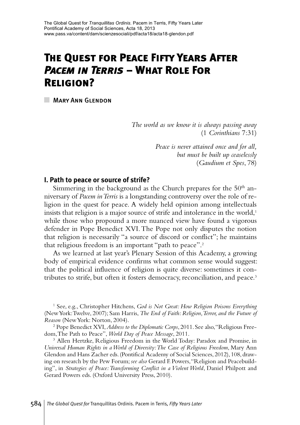 The Quest for Peace Fifty Years After Pacem in Terris – What Role for Religion?