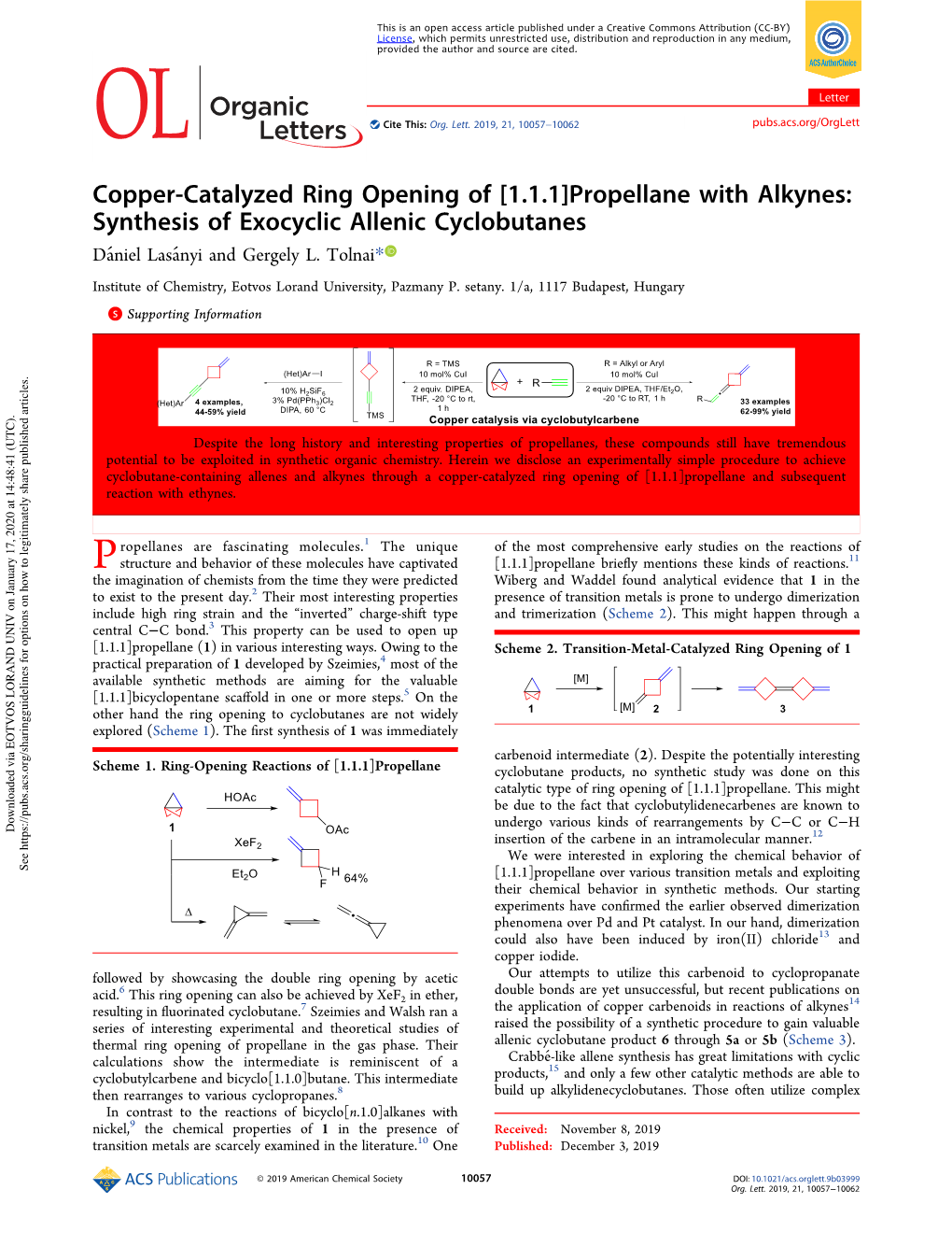 [1.1.1]Propellane with Alkynes: Synthesis of Exocyclic Allenic Cyclobutanes Danieĺ Lasanyí and Gergely L