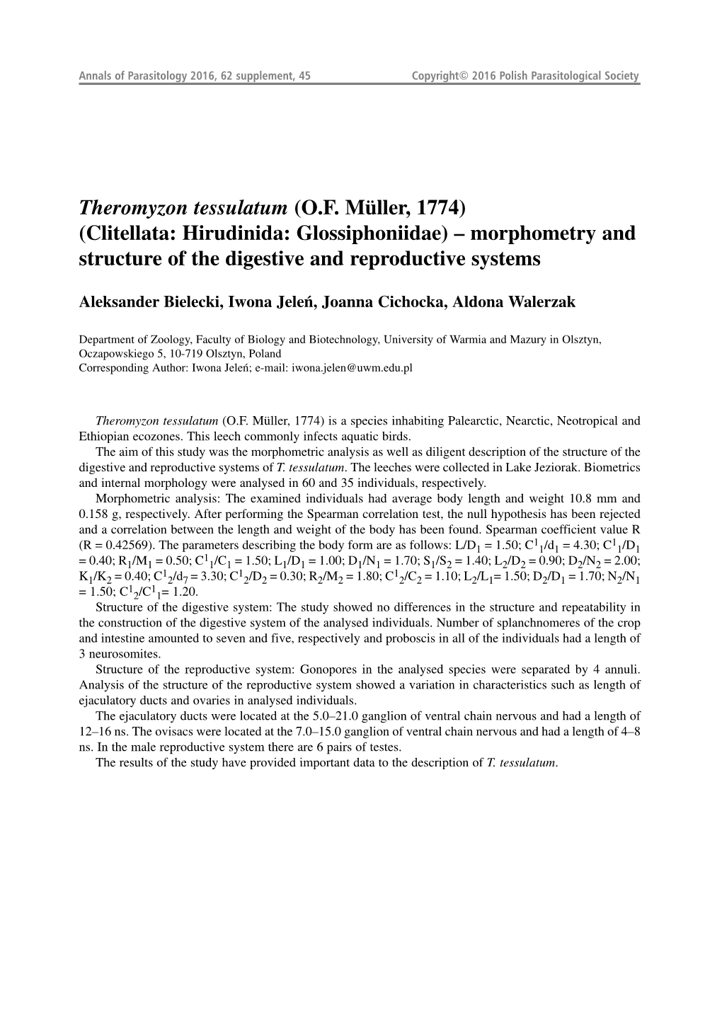 Theromyzon Tessulatum (O.F. Müller, 1774) (Clitellata: Hirudinida: Glossiphoniidae) – Morphometry and Structure of the Digestive and Reproductive Systems