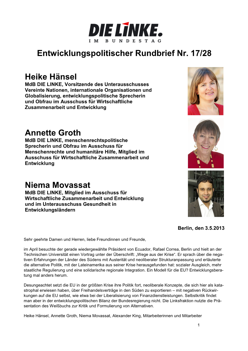 Entwicklungspolitischer Rundbrief Nr. 17/28 Heike Hänsel Annette Groth