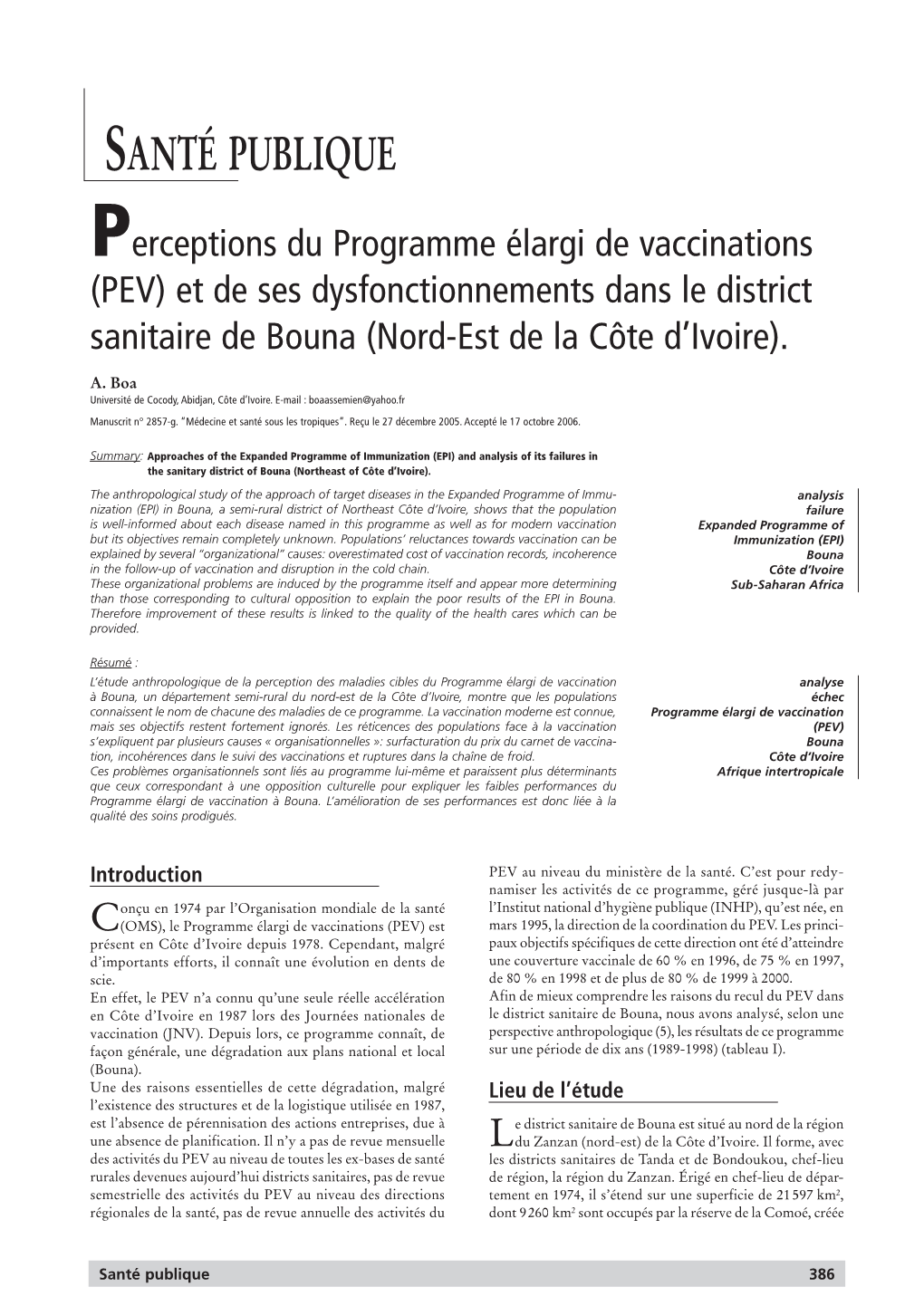 Perceptions Du Programme Élargi De Vaccinations (PEV) Et De Ses Dysfonctionnements Dans Le District Sanitaire De Bouna (Nord-Est De La Côte D’Ivoire)