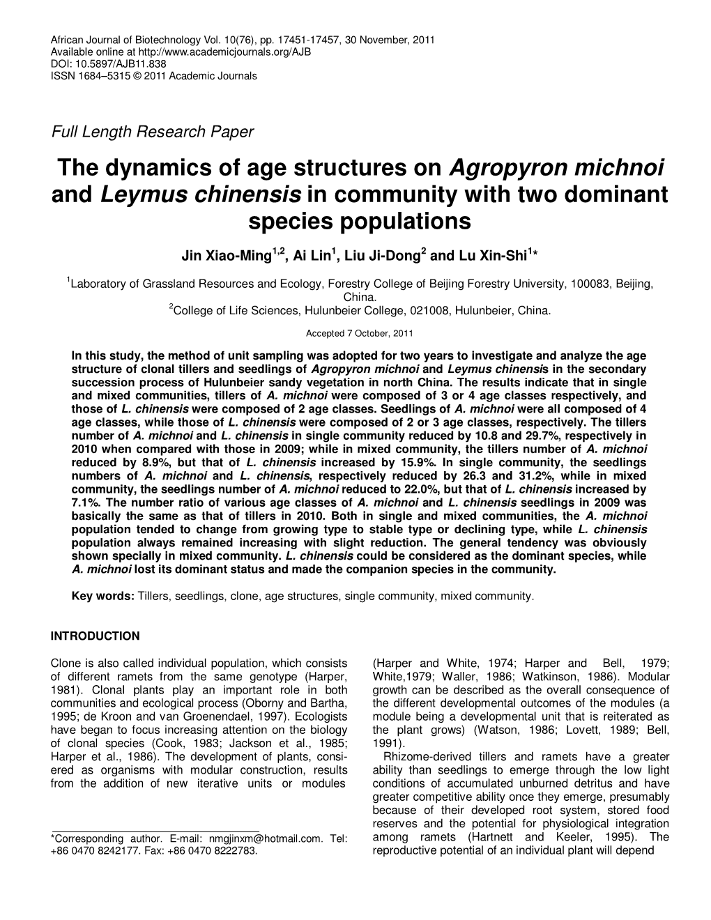 The Dynamics of Age Structures on Agropyron Michnoi and Leymus Chinensis in Community with Two Dominant Species Populations