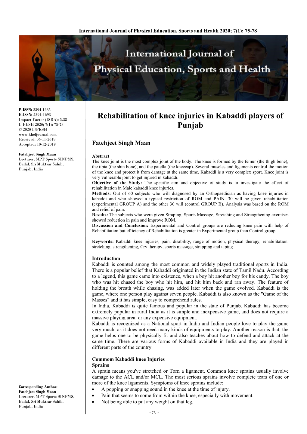 Rehabilitation of Knee Injuries in Kabaddi Players of Punjab