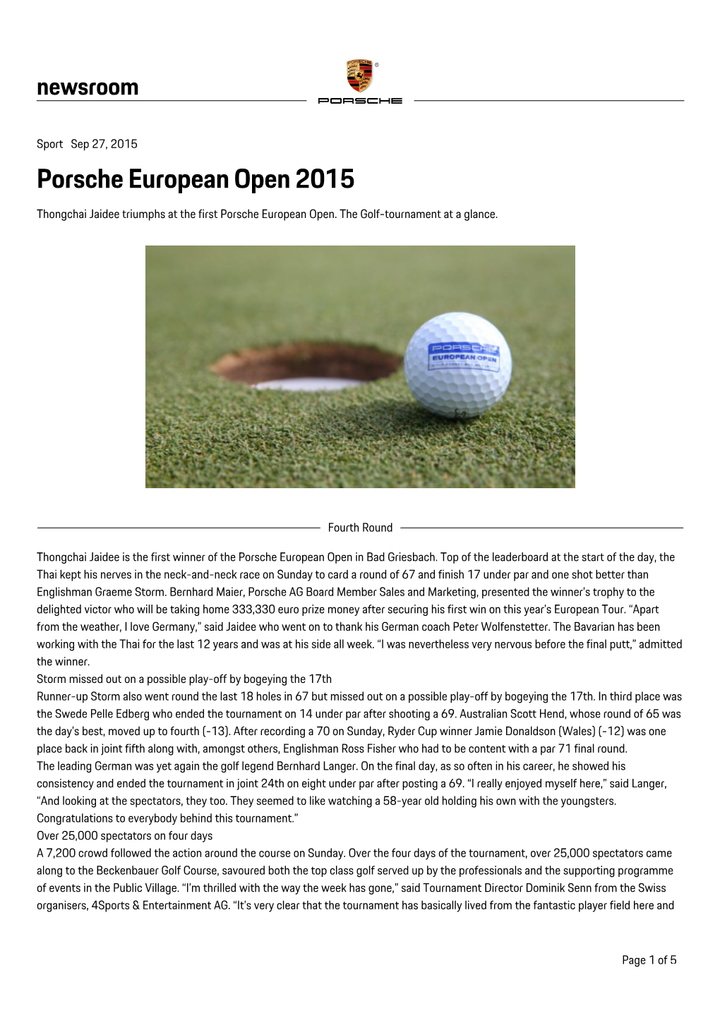 Porsche European Open 2015 Thongchai Jaidee Triumphs at the First Porsche European Open