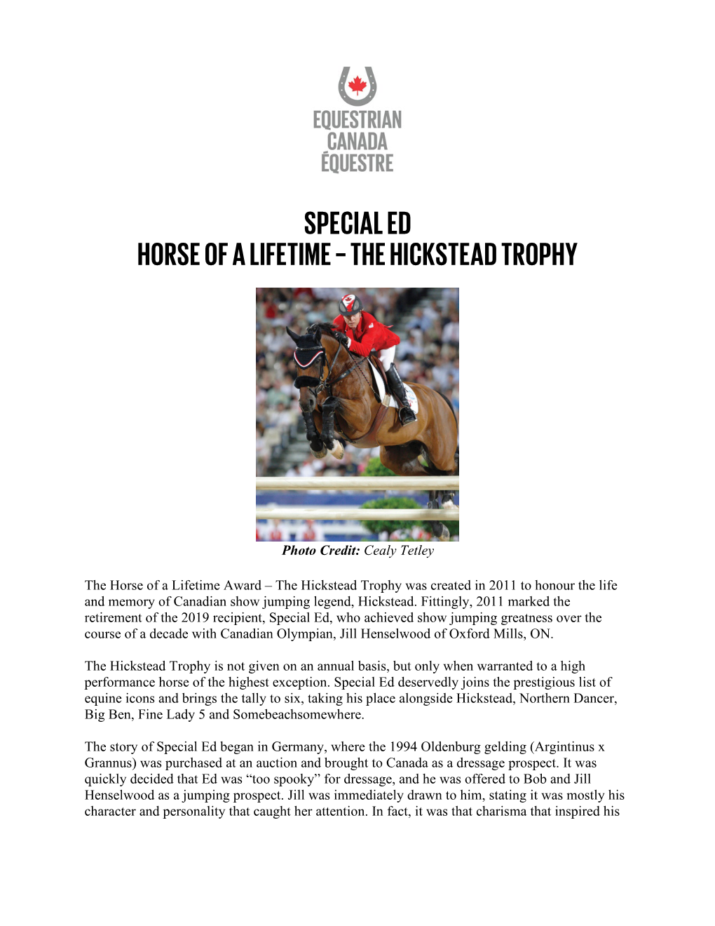 Special Ed Horse of a Lifetime – the Hickstead Trophy