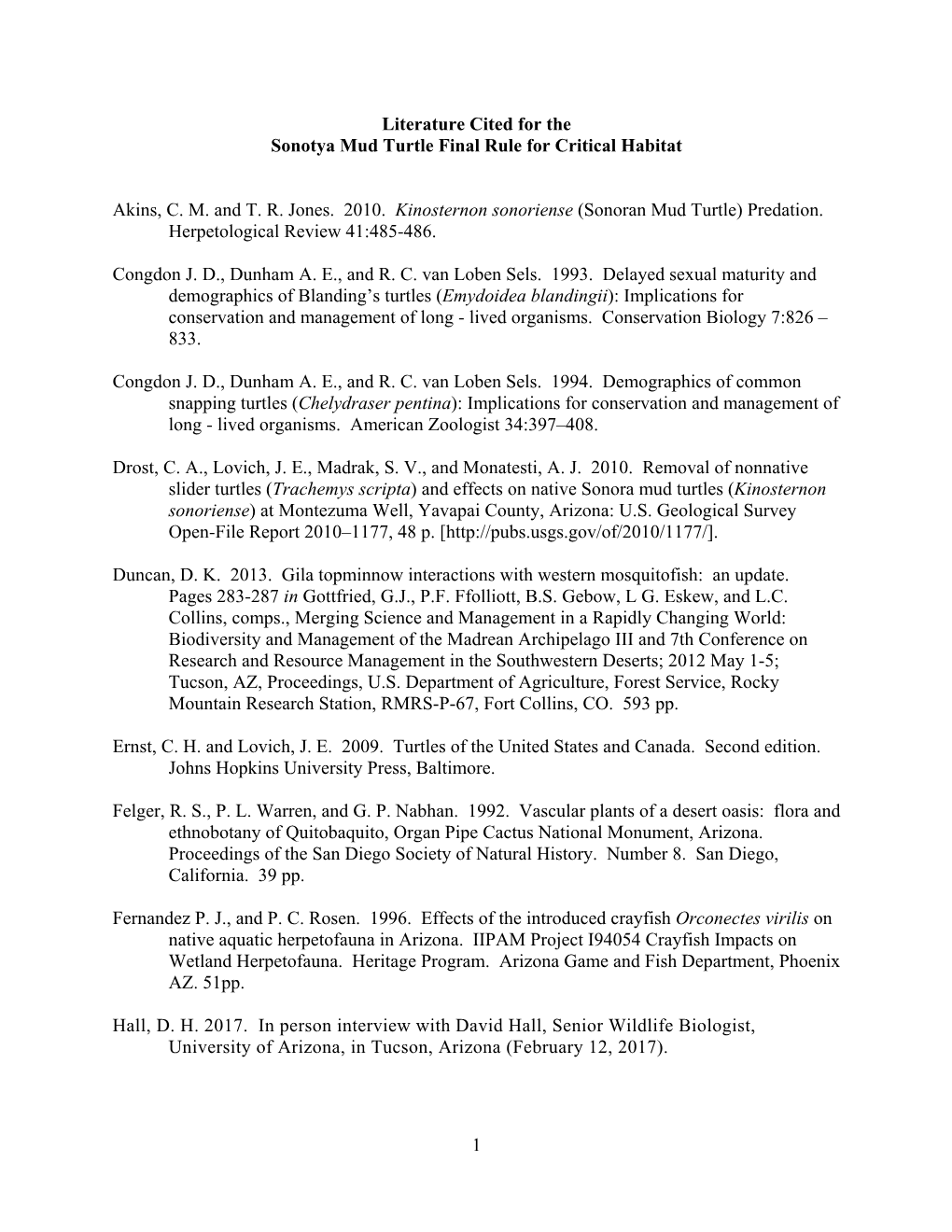 1 Literature Cited for the Sonotya Mud Turtle Final Rule for Critical Habitat