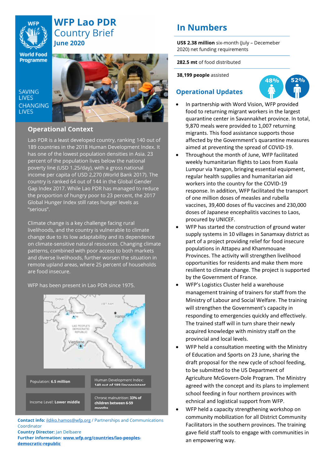 WFP Lao PDR Country Brief June 2020 USA, Australia, Japan, France, Russia, Global Agriculture and Food Security Programme, Government of Lao PDR, Private Donors