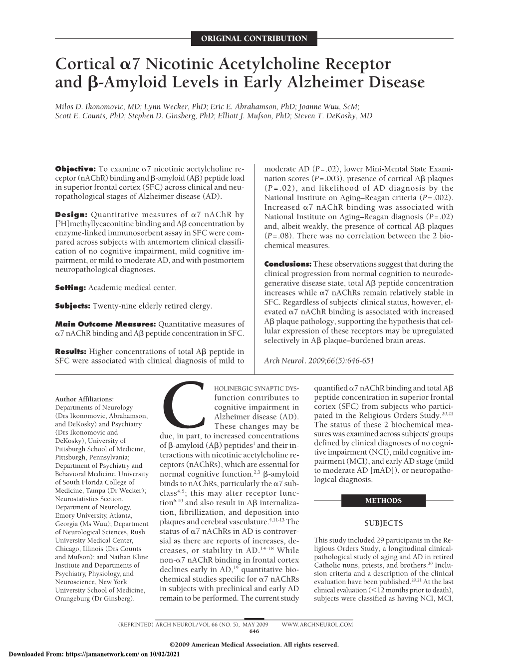 Cortical Α7 Nicotinic Acetylcholine Receptor and Β-Amyloid Levels In