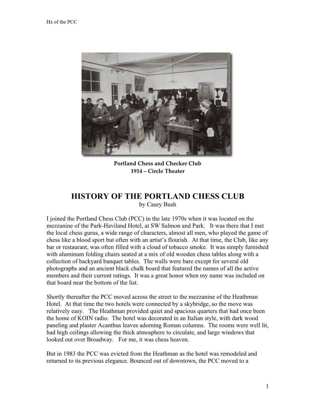 HISTORY of the PORTLAND CHESS CLUB by Casey Bush