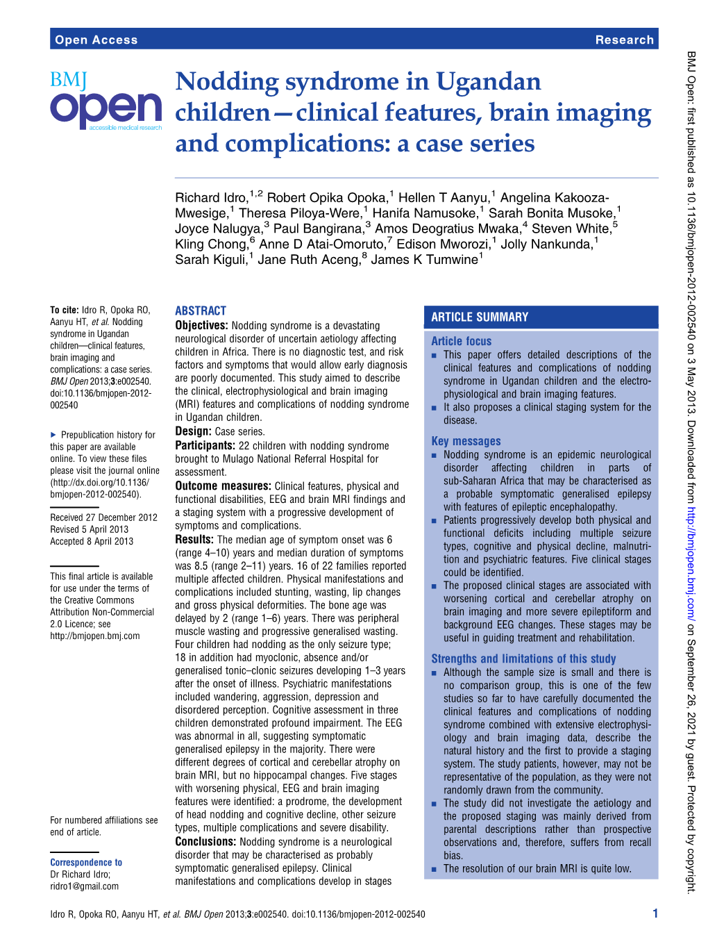 Nodding Syndrome in Ugandan Children—Clinical Features, Brain Imaging and Complications: a Case Series