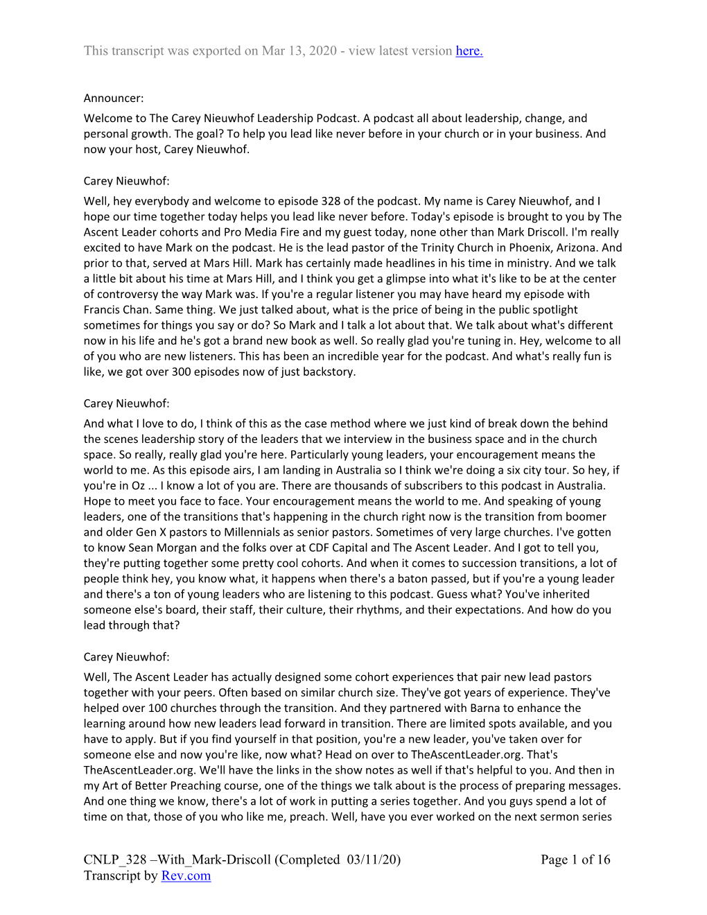 With Mark-Driscoll (Completed 03/11/20) Page 1 of 16 Transcript by Rev.Com This Transcript Was Exported on Mar 13, 2020 - View Latest Version Here