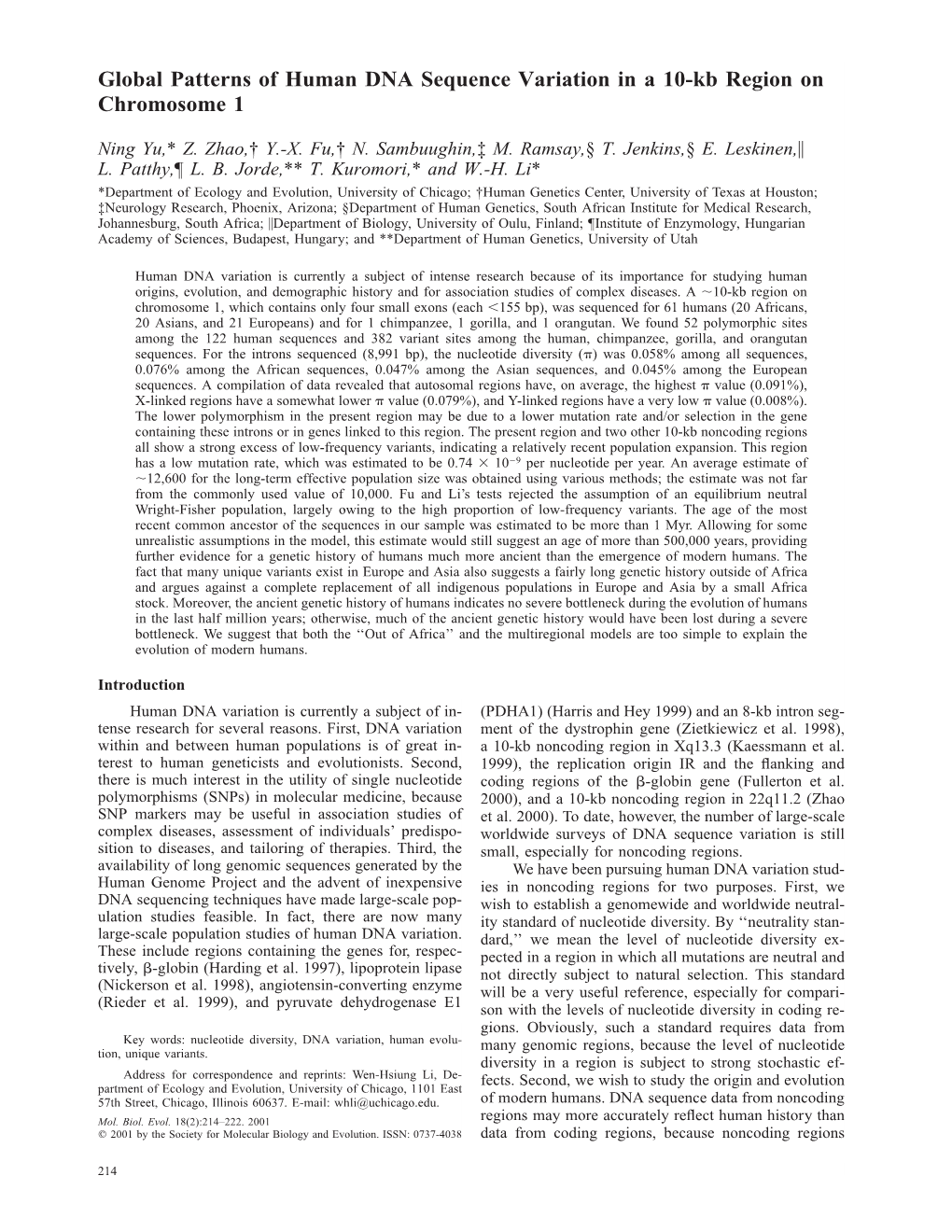 Global Patterns of Human DNA Sequence Variation in a 10-Kb Region on Chromosome 1