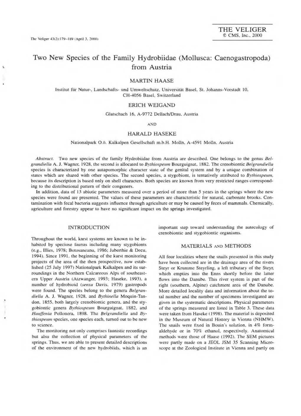 Two New Species of the Family Hydrobiidae (Mollusca: Caenogastropoda) from Austria