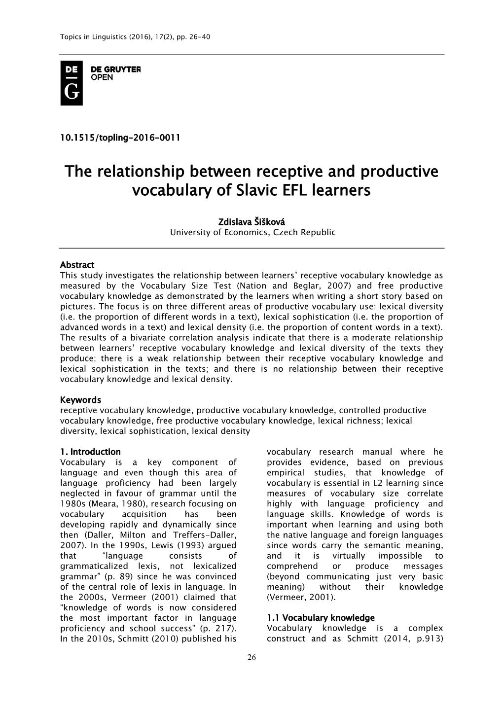 The Relationship Between Receptive and Productive Vocabulary of Slavic EFL Learners