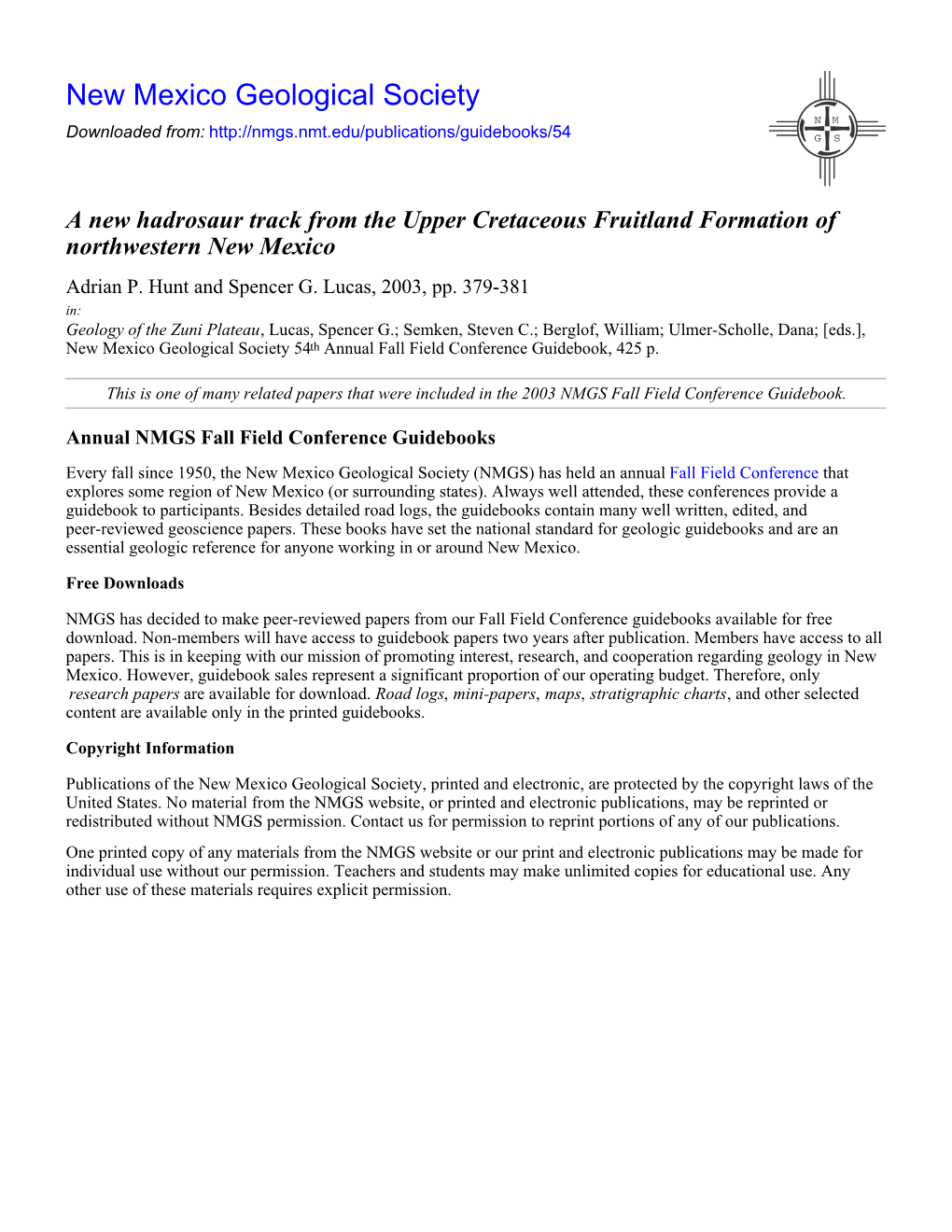 A New Hadrosaur Track from the Upper Cretaceous Fruitland Formation of Northwestern New Mexico Adrian P