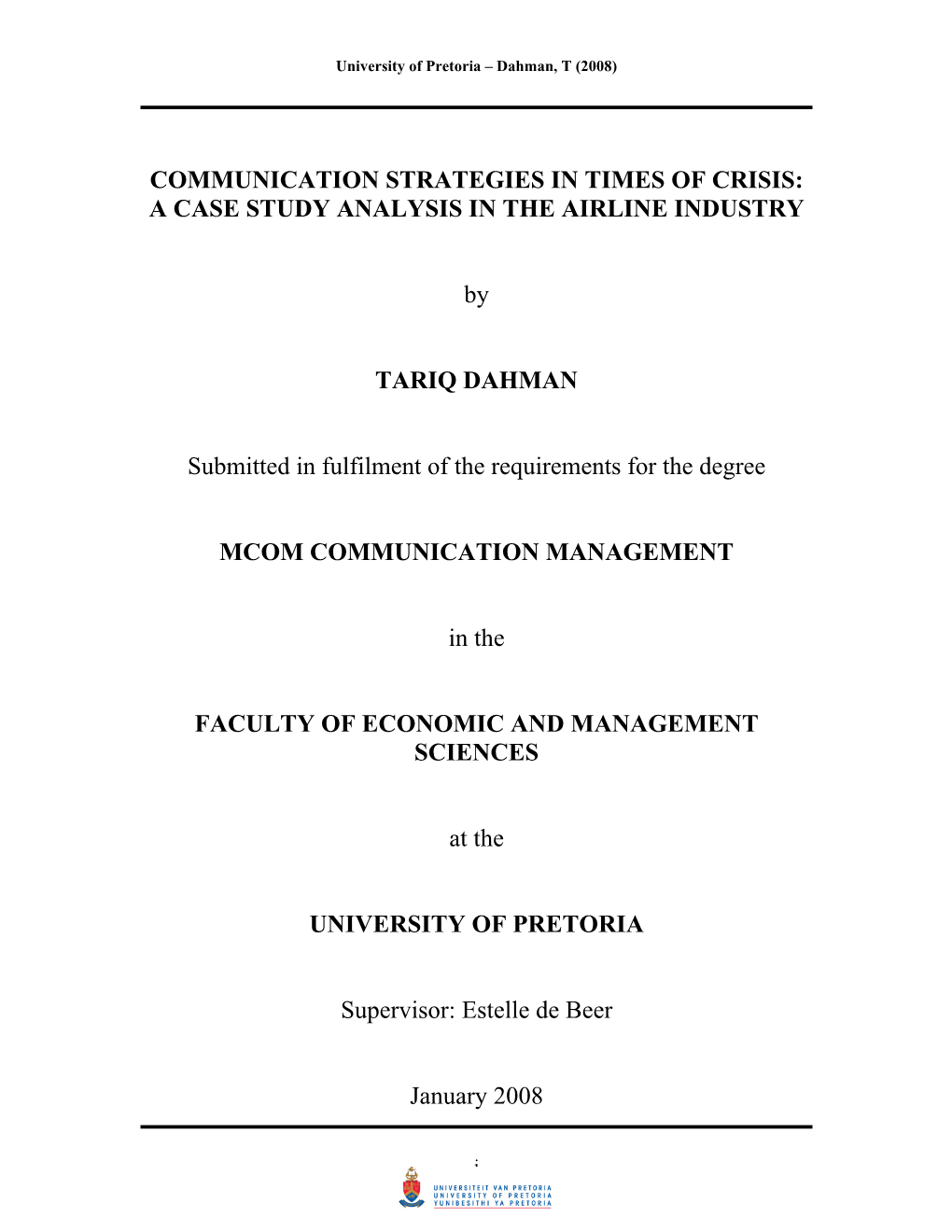 Communication Strategies in Times of Crisis: a Case Study Analysis in the Airline Industry