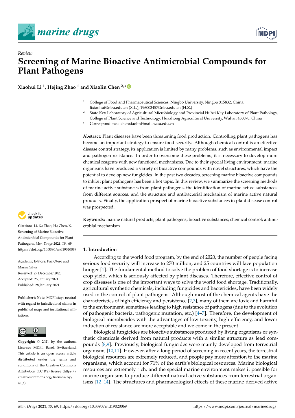 Screening of Marine Bioactive Antimicrobial Compounds for Plant Pathogens