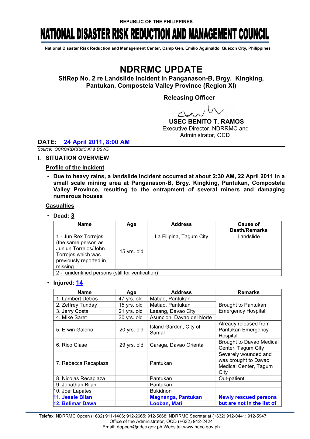 NDRRMC Sitrep No.2 Re Landslide in Compostela Valley 24 April 2011