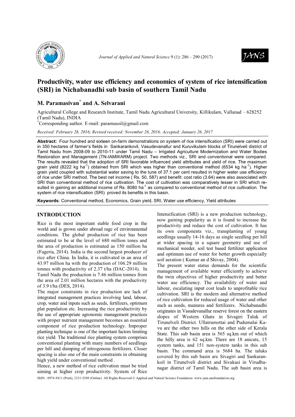 Productivity, Water Use Efficiency and Economics of System of Rice Intensification (SRI) in Nichabanadhi Sub Basin of Southern Tamil Nadu