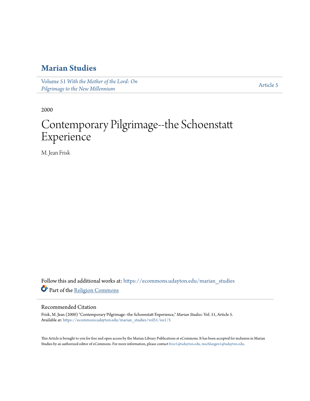 Contemporary Pilgrimage--The Schoenstatt Experience M