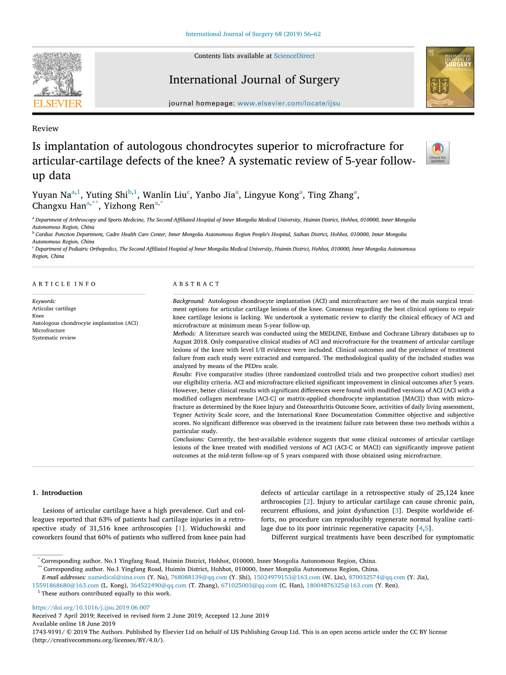 Is Implantation of Autologous Chondrocytes Superior to Microfracture for Articular-Cartilage Defects of the Knee? a Systematic Review of 5-Year Follow- T up Data