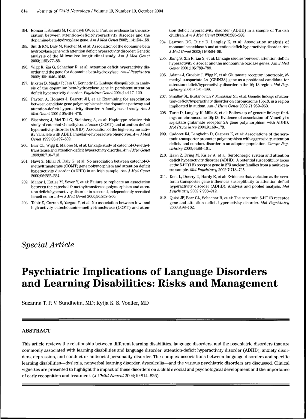 Psychiatric Implications of Language Disorders and Learning Disabilities: Risks and Management