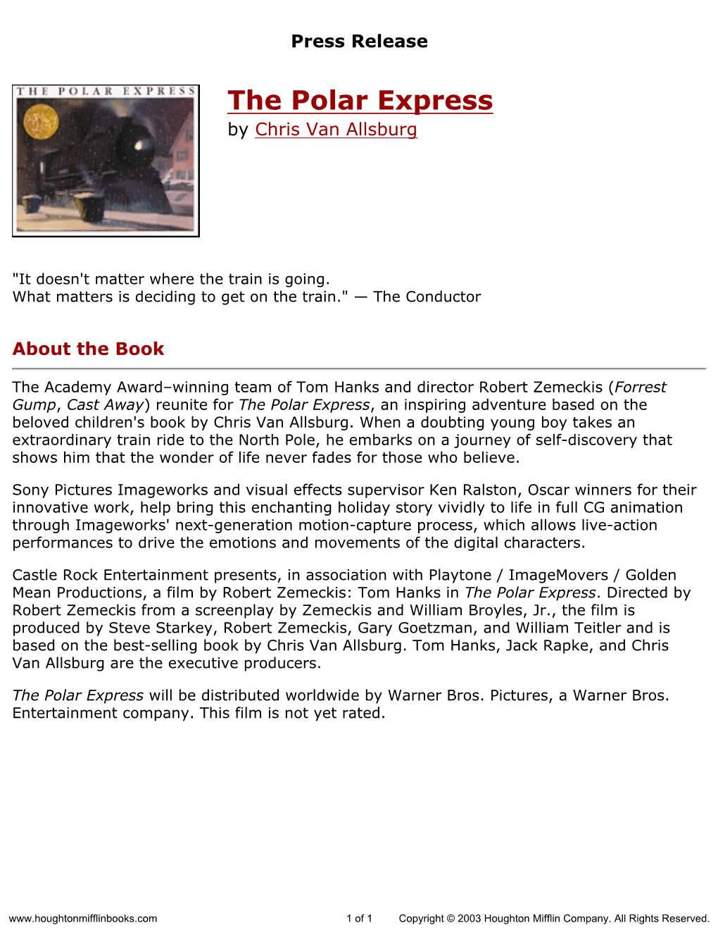 Press Release for the Polar Express Published by Houghton Mifflin Company