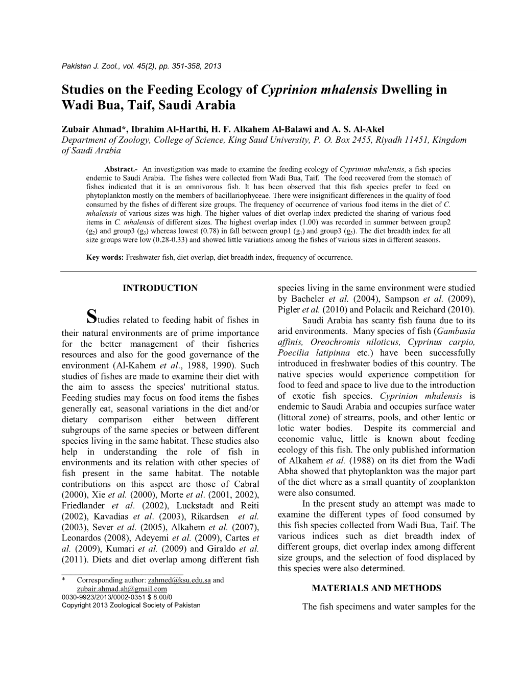 Studies on the Feeding Ecology of Cyprinion Mhalensis Dwelling in Wadi Bua, Taif, Saudi Arabia