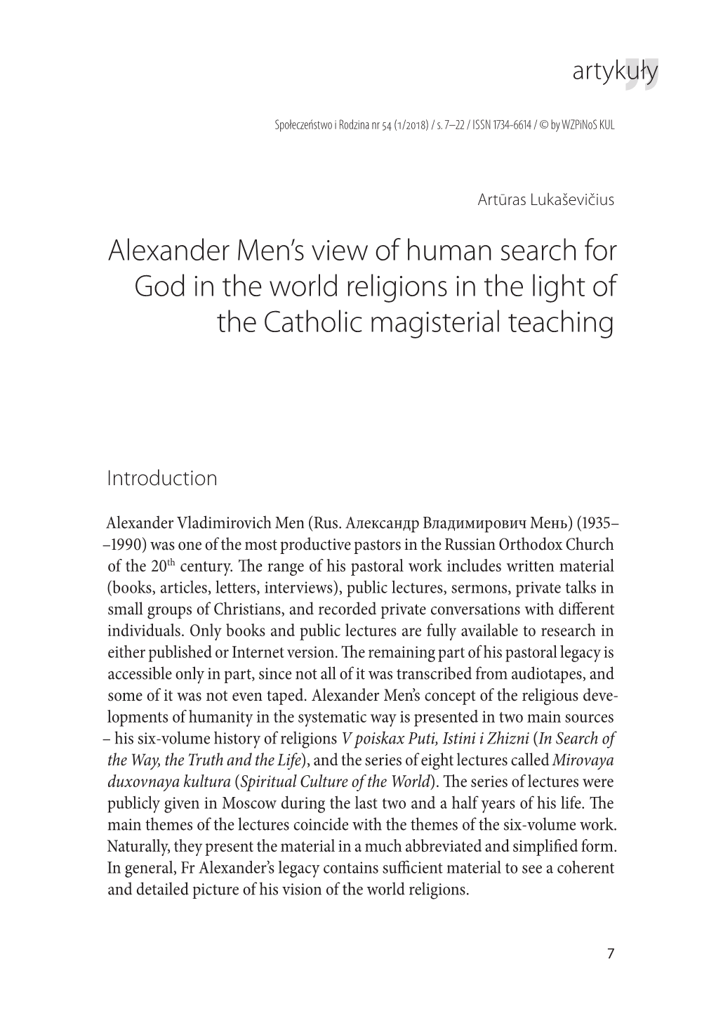 Alexander Men's View of Human Search for God in the World