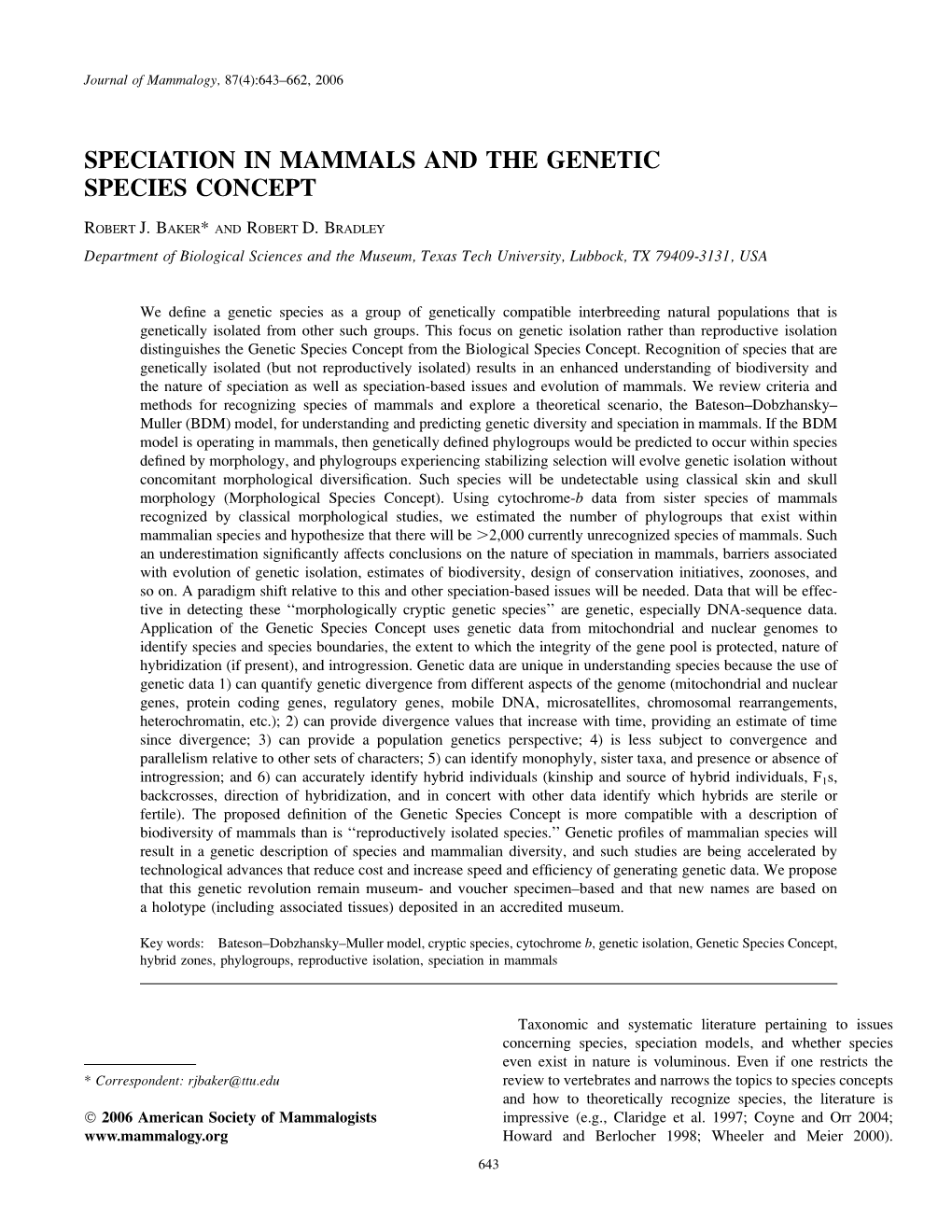 Speciation in Mammals and the Genetic Species Concept