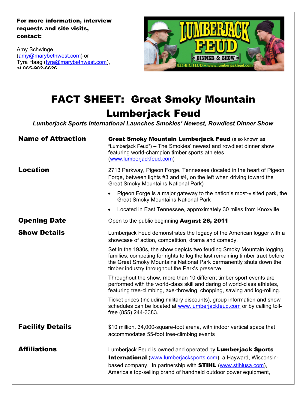 FACT SHEET: Great Smoky Mountain Lumberjack Feud