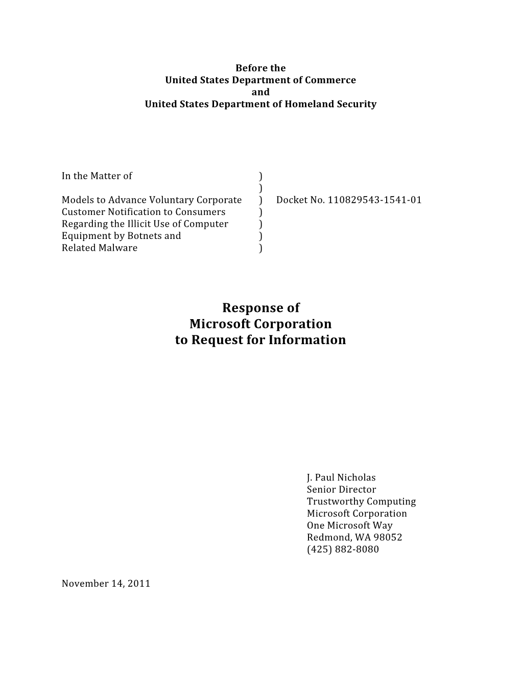 Microsoft Corporation to Request for Information