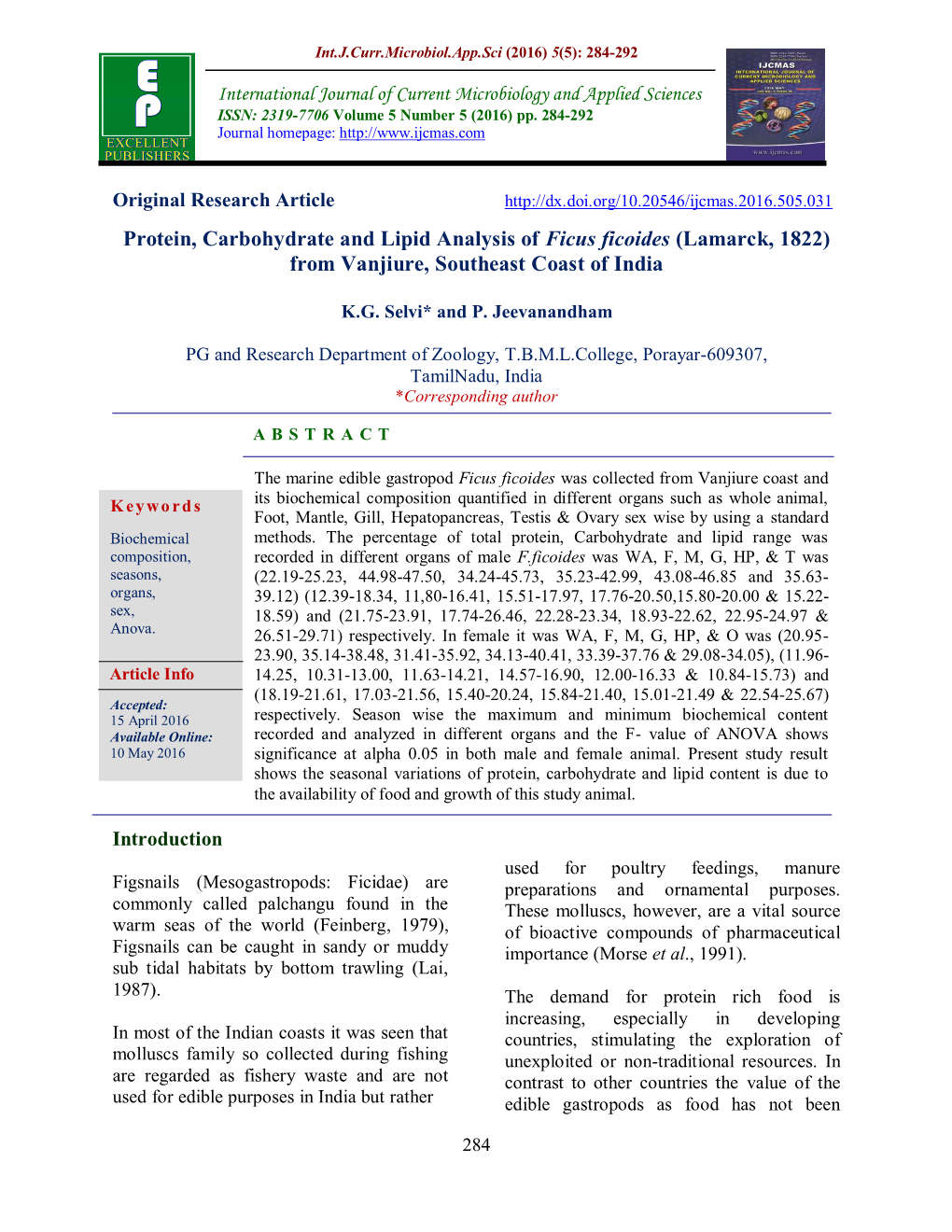 Protein, Carbohydrate and Lipid Analysis of Ficus Ficoides (Lamarck, 1822) from Vanjiure, Southeast Coast of India