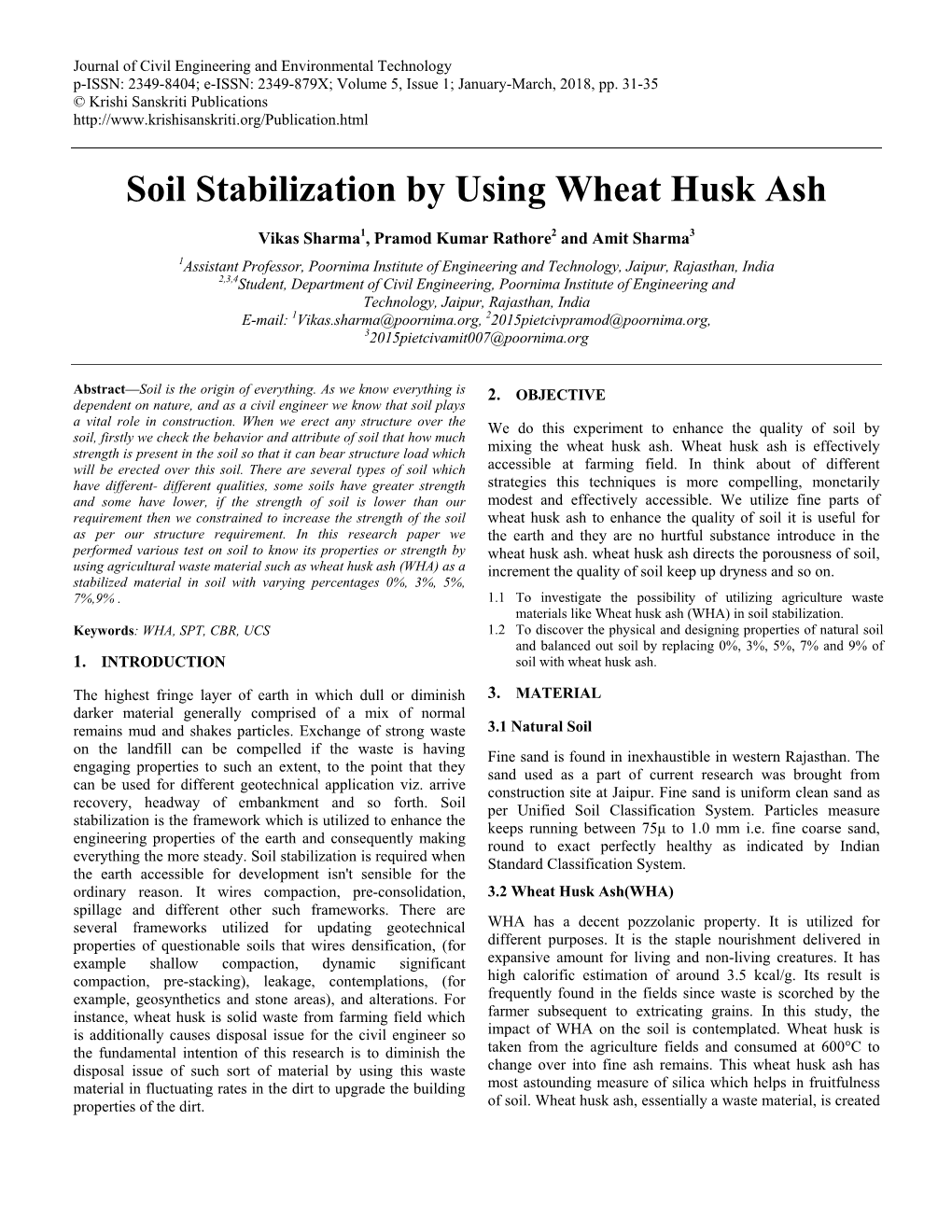 Soil Stabilization by Using Wheat Husk Ash