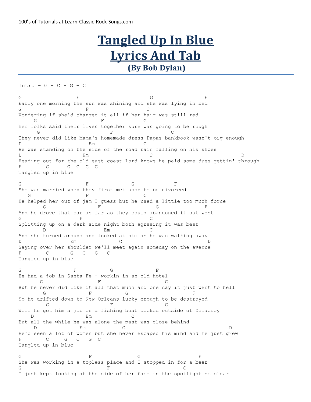 Tangled up in Blue Lyrics and Tab (By Bob Dylan)