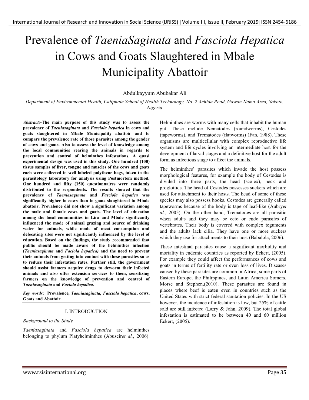 Prevalence of Taeniasaginata and Fasciola Hepatica in Cows and Goats Slaughtered in Mbale Municipality Abattoir