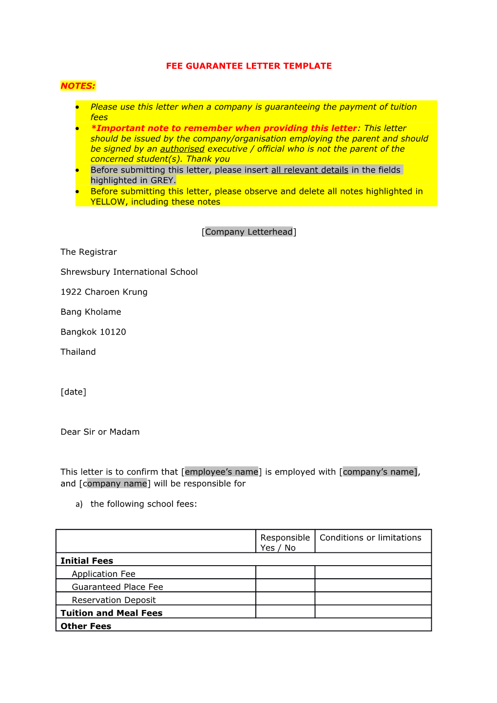 Fee Guarantee Letter Template