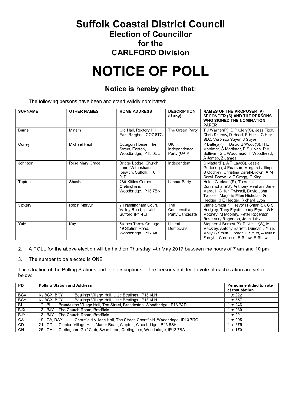 NOTICE of POLL Notice Is Hereby Given That