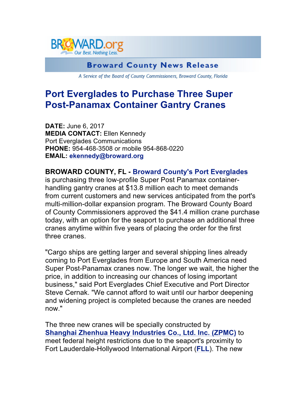 Port Everglades to Purchase Three Super Post-Panamax Container Gantry Cranes