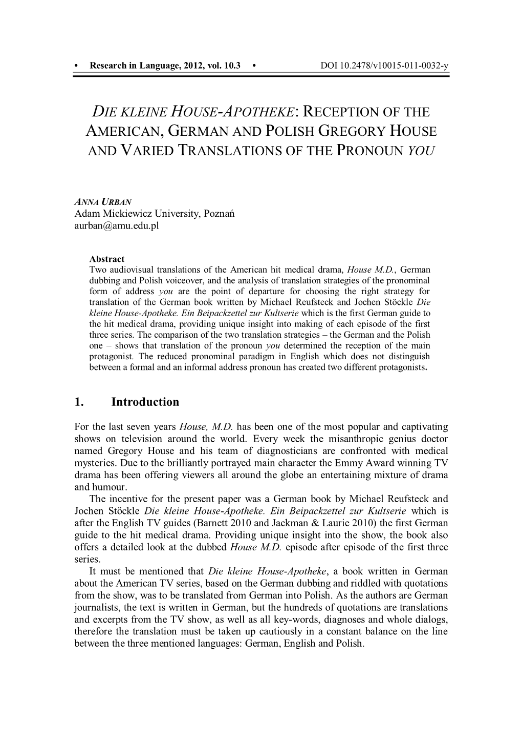 Reception of the American, German and Polish Gregory House and Varied Translations of the Pronoun You