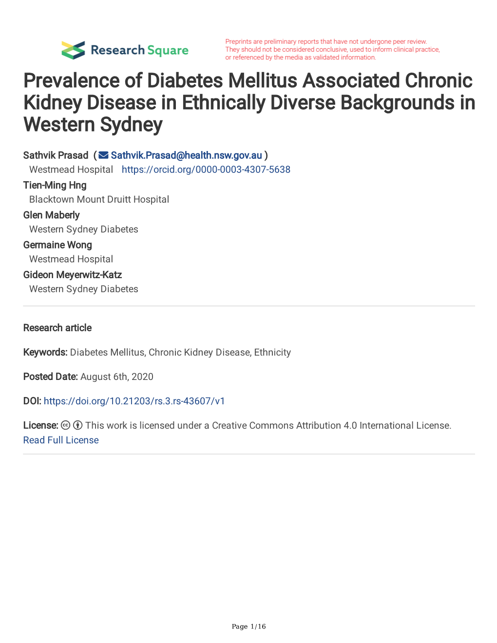 Prevalence of Diabetes Mellitus Associated Chronic Kidney Disease in Ethnically Diverse Backgrounds in Western Sydney