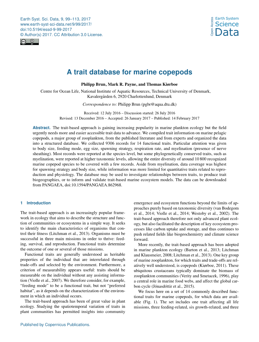 A Trait Database for Marine Copepods