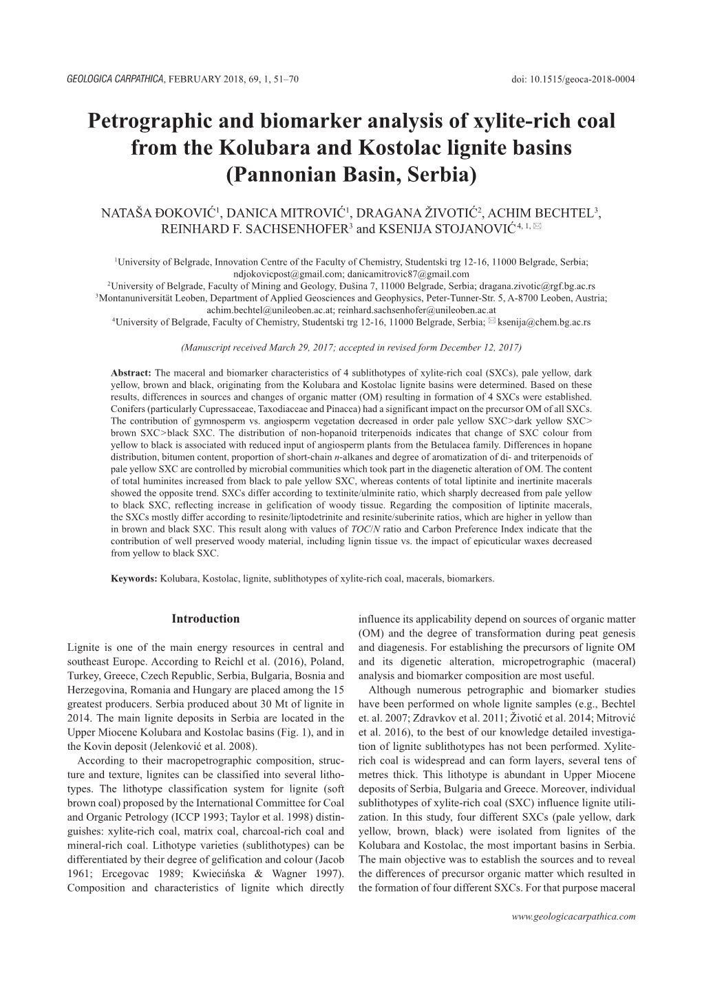 Petrographic and Biomarker Analysis of Xylite-Rich Coal from the Kolubara and Kostolac Lignite Basins (Pannonian Basin, Serbia)