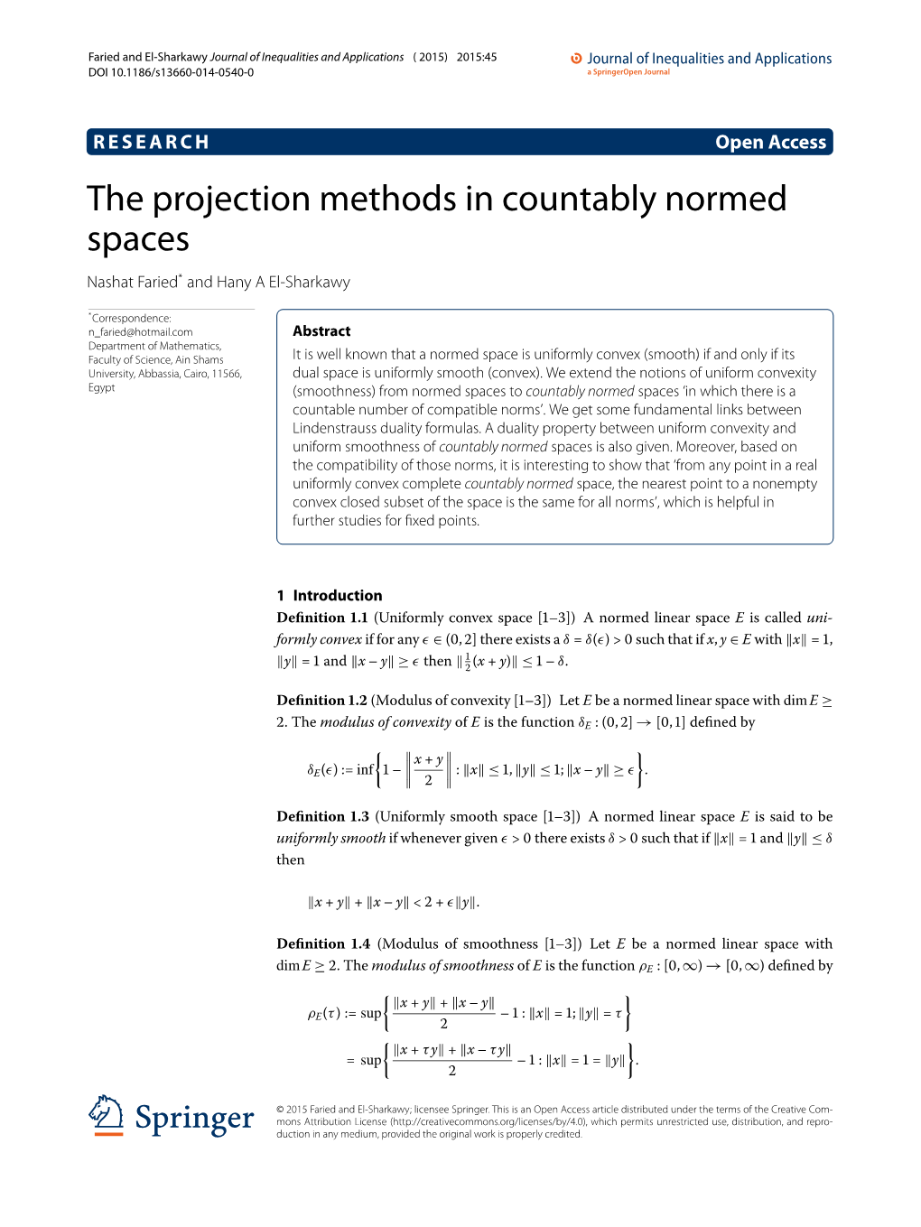 The Projection Methods in Countably Normed Spaces Nashat Faried* and Hany a El-Sharkawy